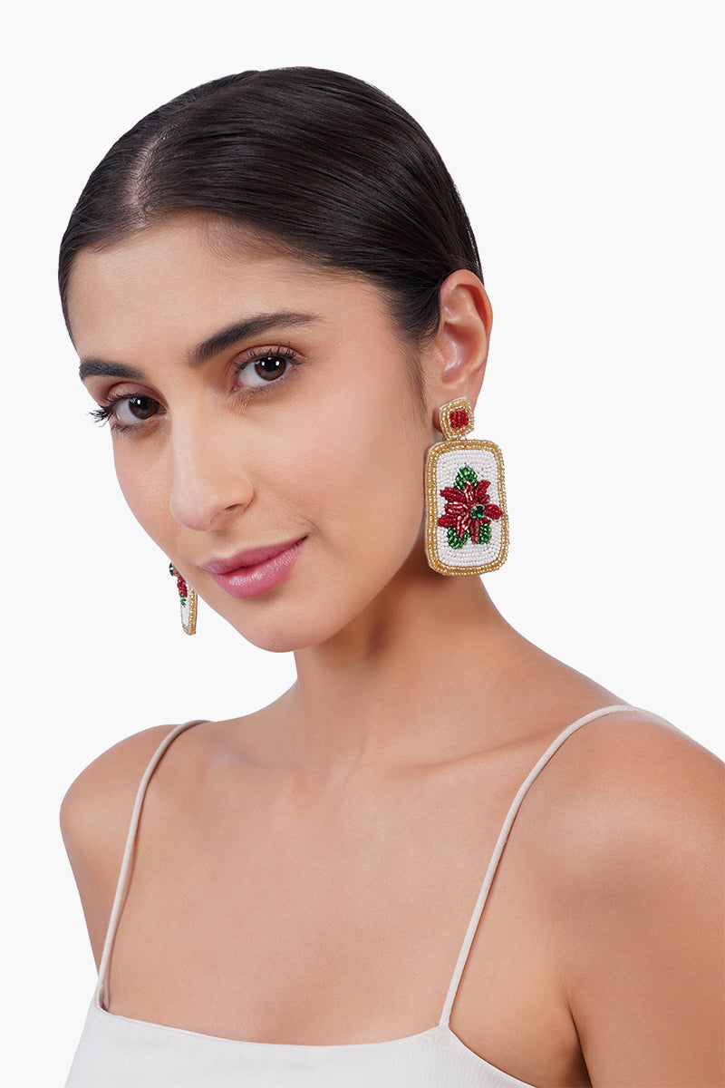 Poinsettia Bloom Mahjong  Beaded Drop Earrings | View 4