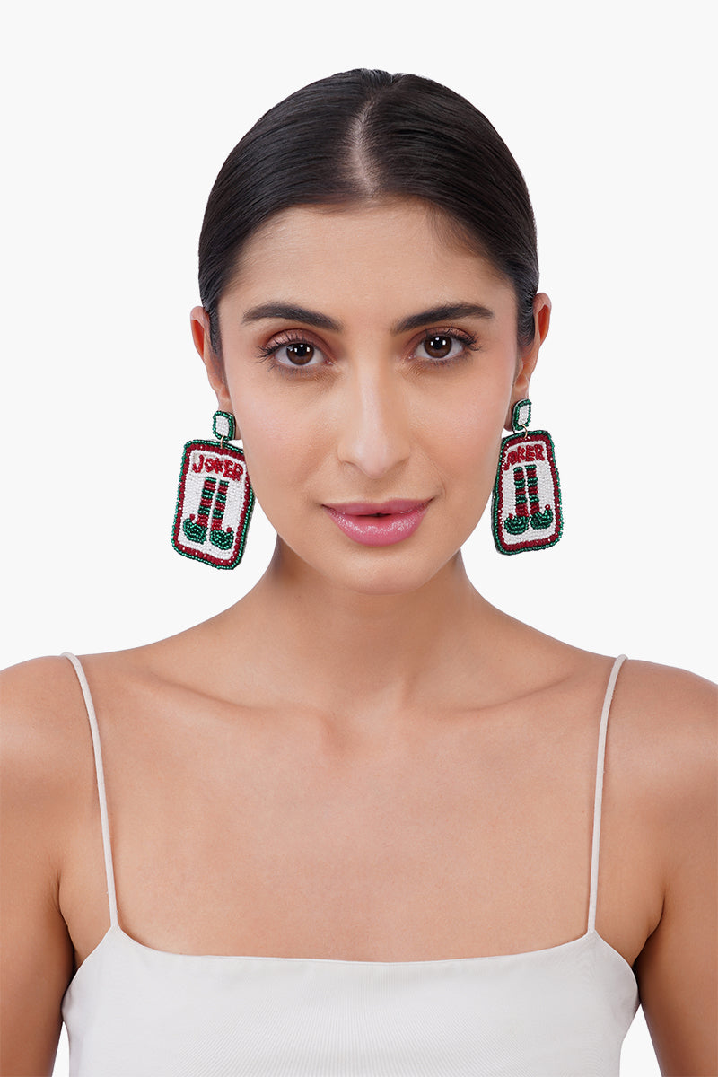 Joker  Card Holiday Statement Beaded  Earrings | View 2