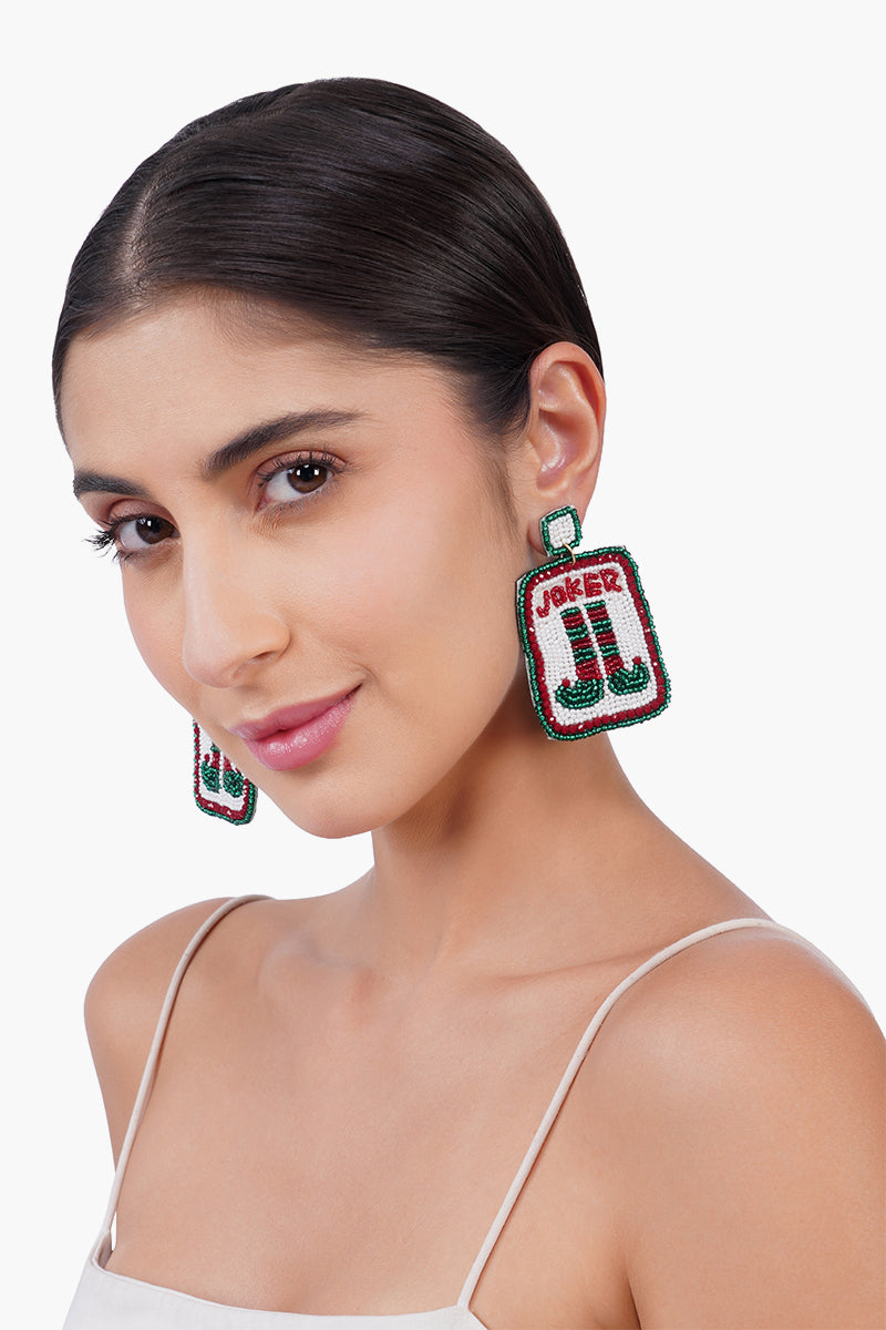 Joker  Card Holiday Statement Beaded  Earrings | View 3