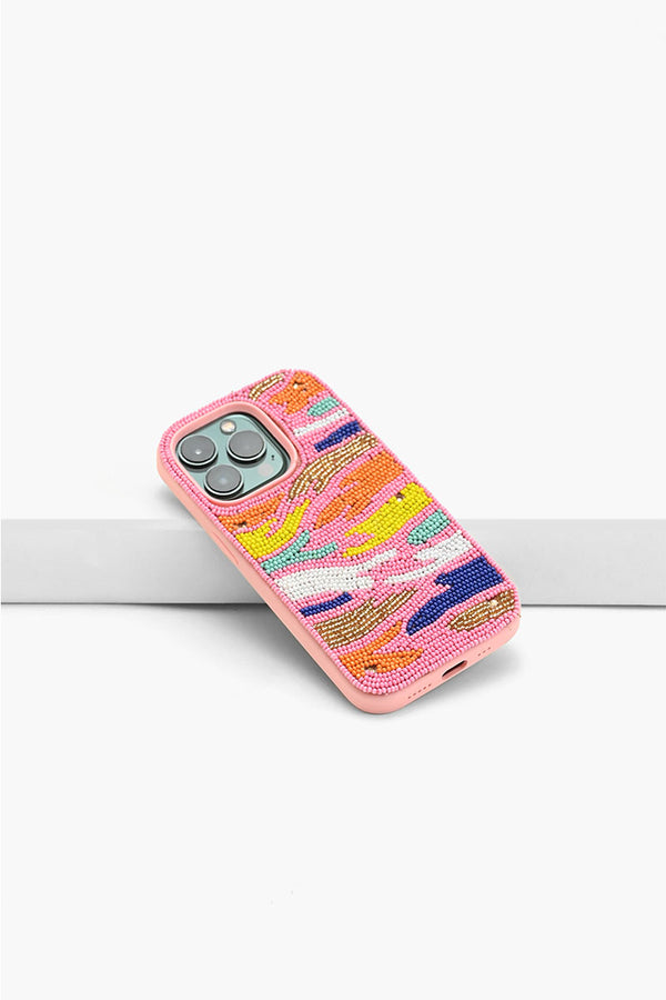 Pink Rainbow Zebra Beaded IPhone 14Pro Case