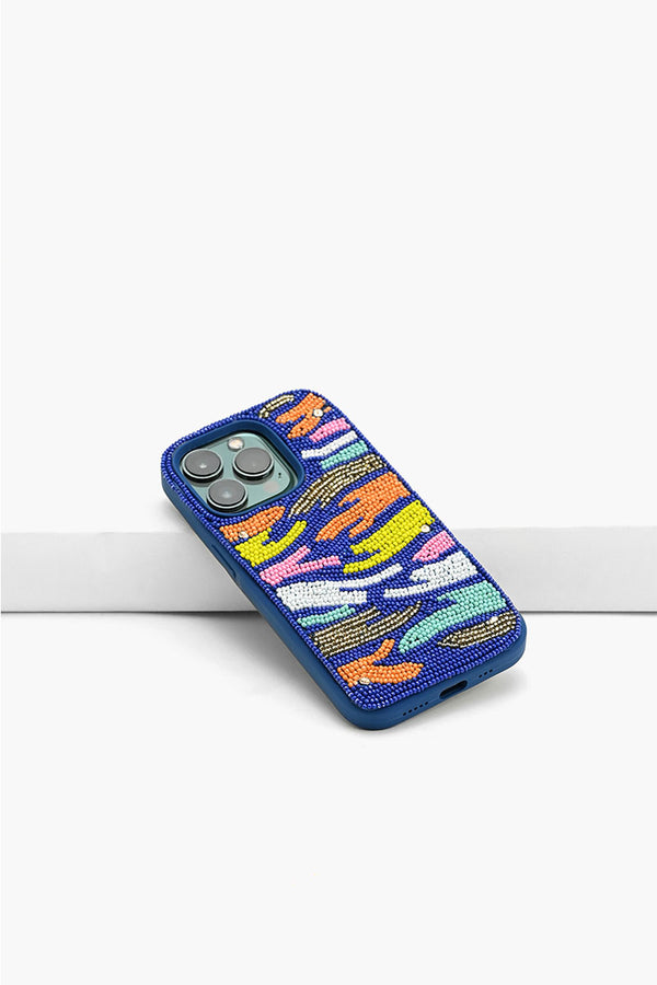 Blue Rainbow Zebra Beaded IPhone 14Pro Case