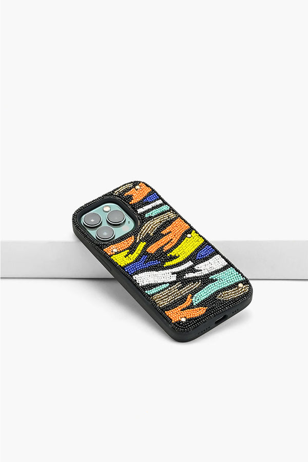 Black Rainbow Zebra Beaded IPhone 14Pro Case