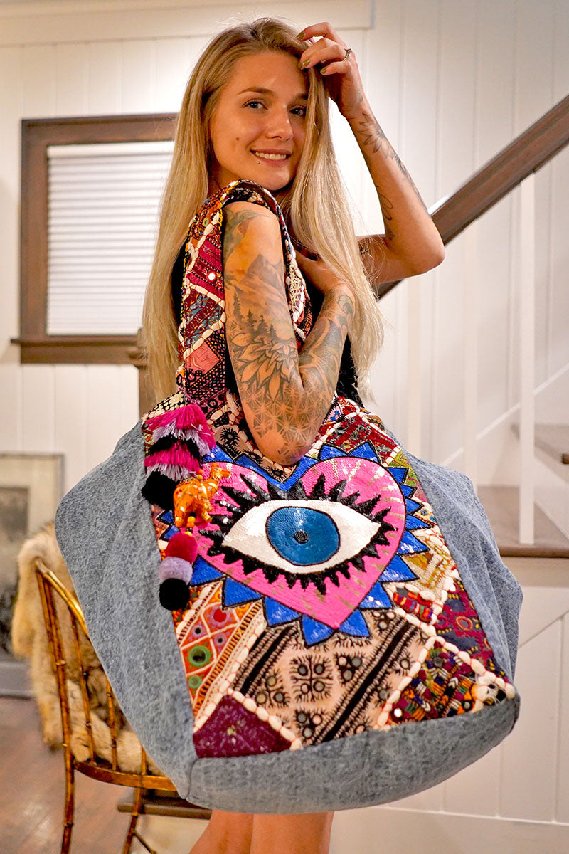 Watch Over Me Evil Eye Denim Tote