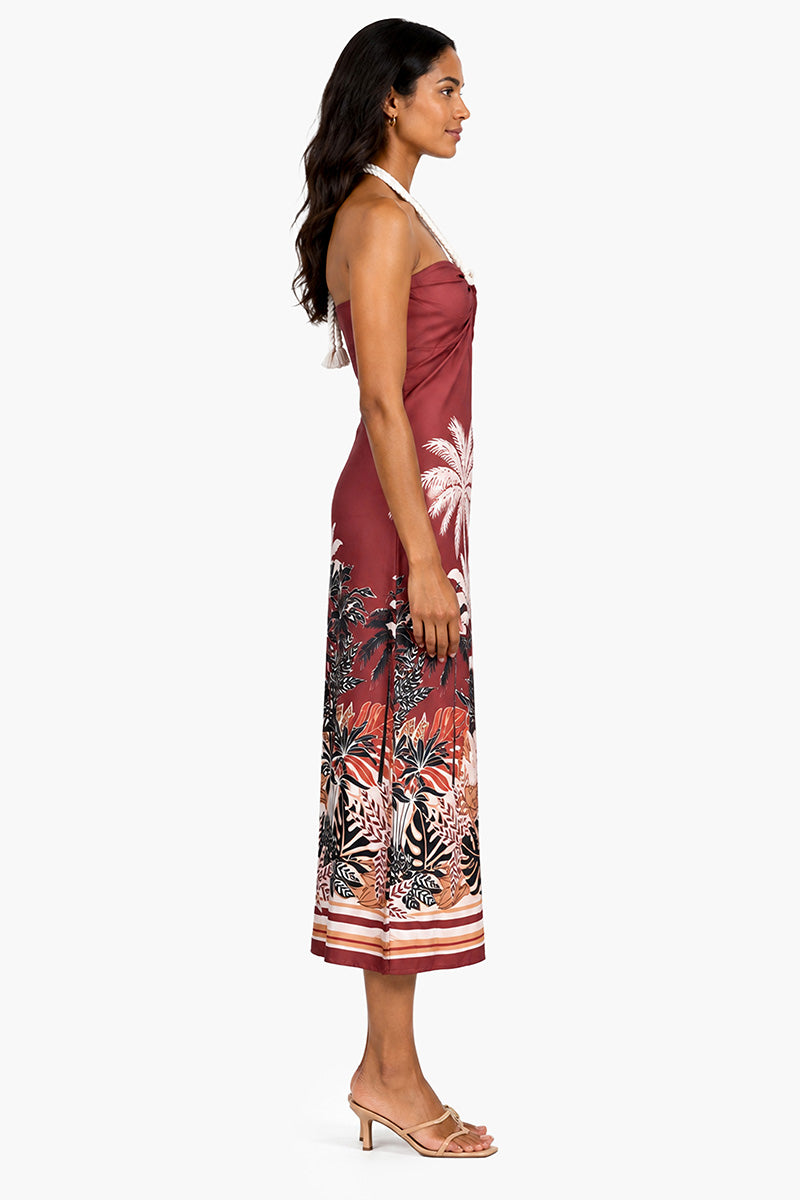 Tropical Placement Print Twist-Front Rope Halter Midi Dress