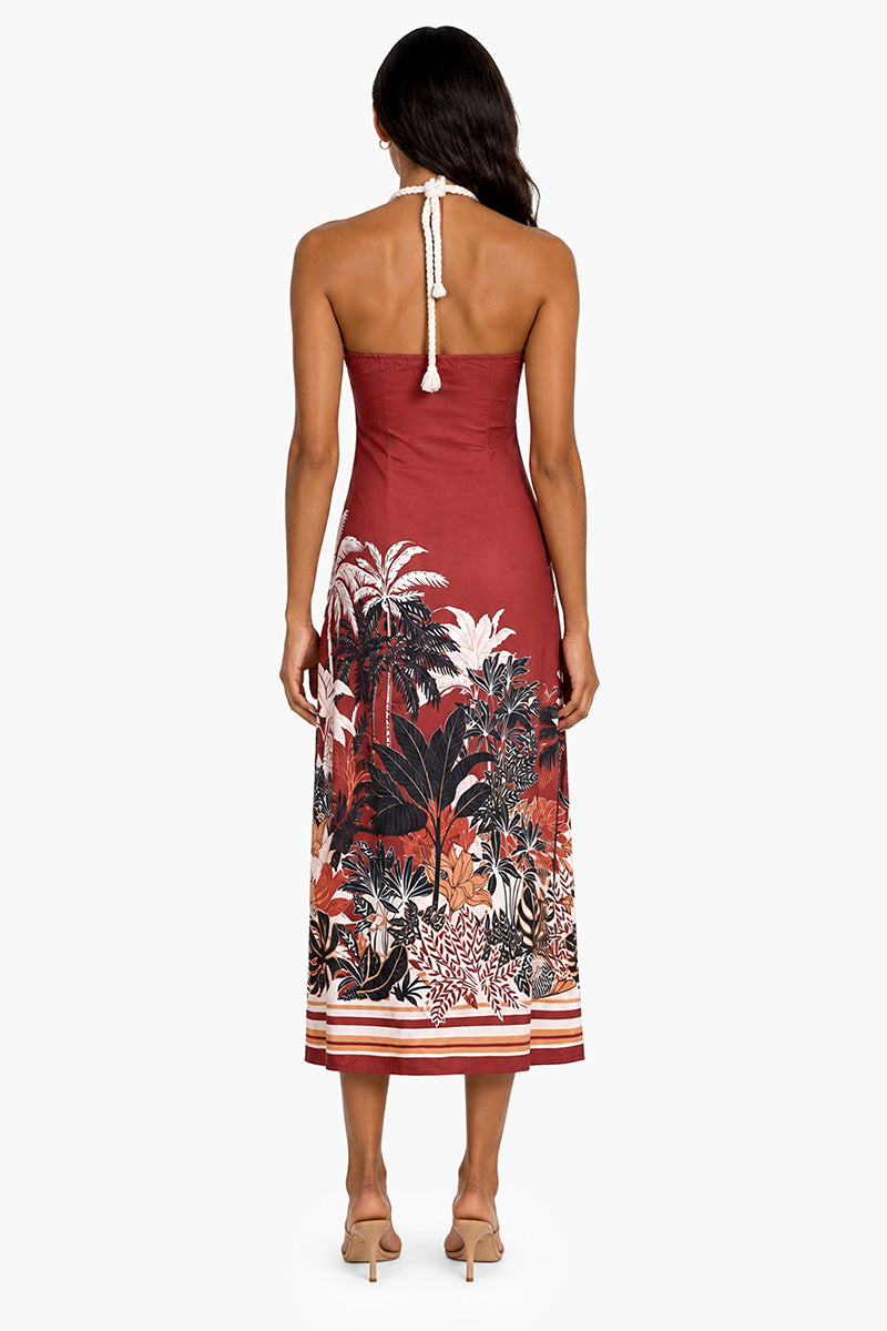 Tropical Placement Print Twist-Front Rope Halter Midi Dress