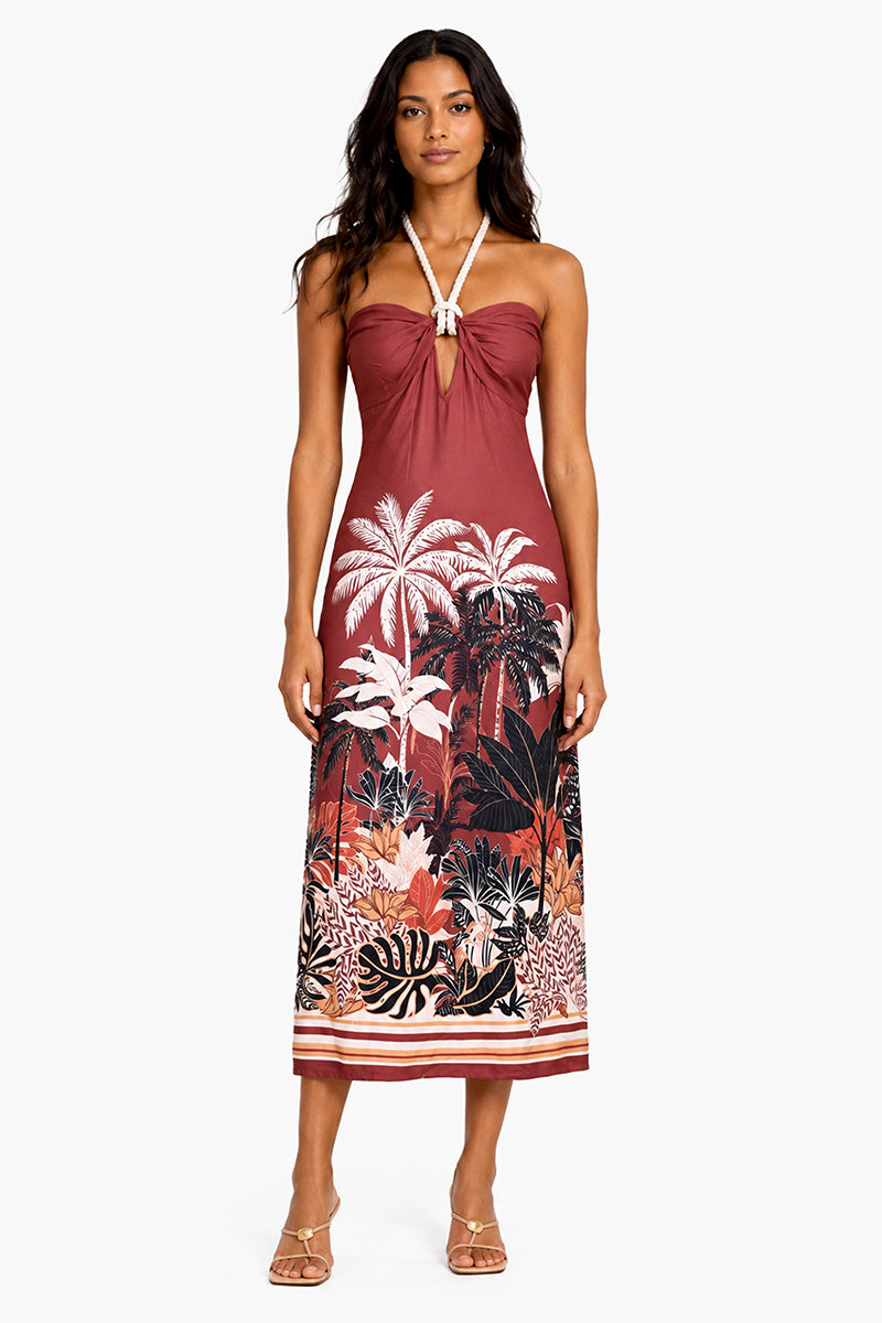 Tropical Placement Print Twist-Front Rope Halter Midi Dress