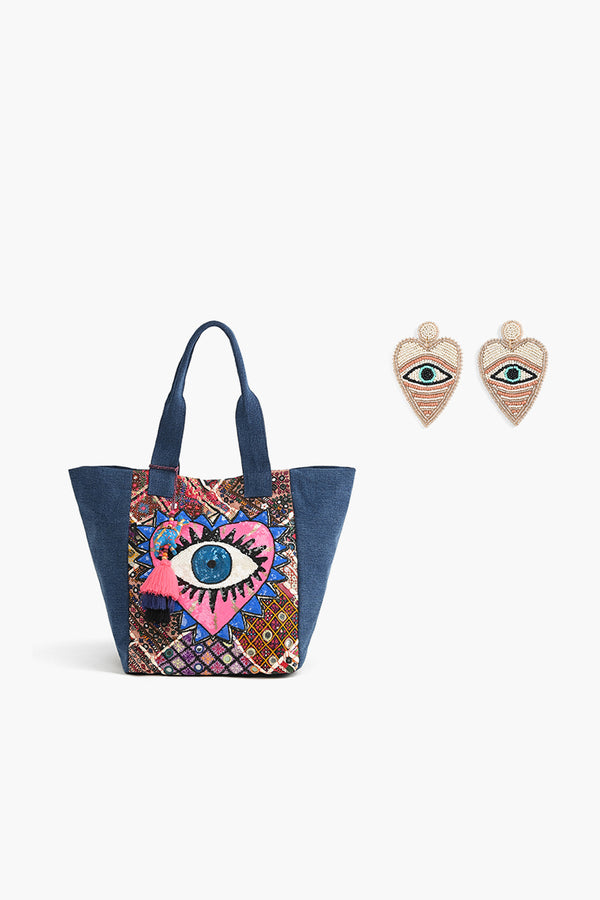 Watch Over Me Evil Eye Denim Tote with Earring
