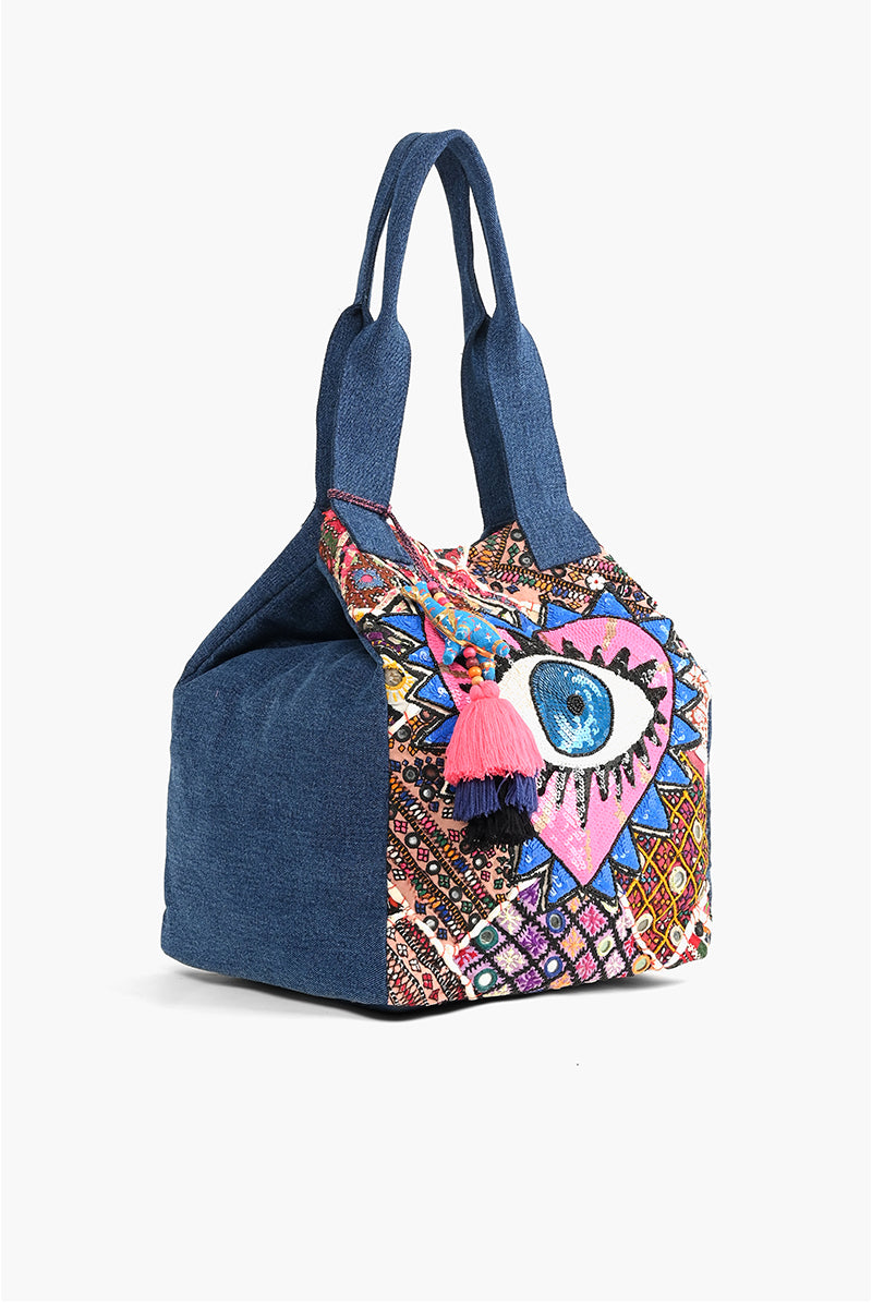 Watch Over Me Evil Eye Denim Tote