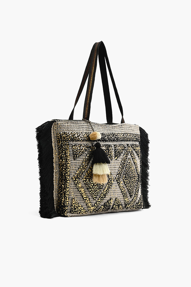 Gold Foil Tufted Black And Gold Hand Woven Tote
