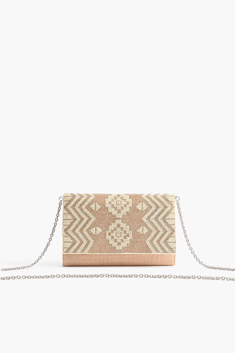 Rose Gold Aztec Embellished Flap Clutch