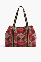 Red Dahlia Embellished Tote-Hand Embroidered Red Tote For Women
