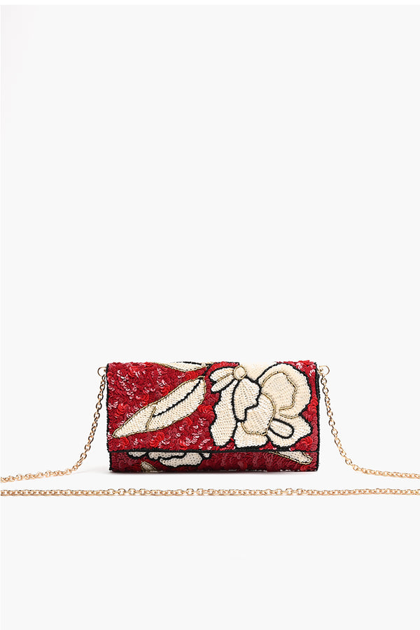 Red Dahlia Embellished Flap Clutch