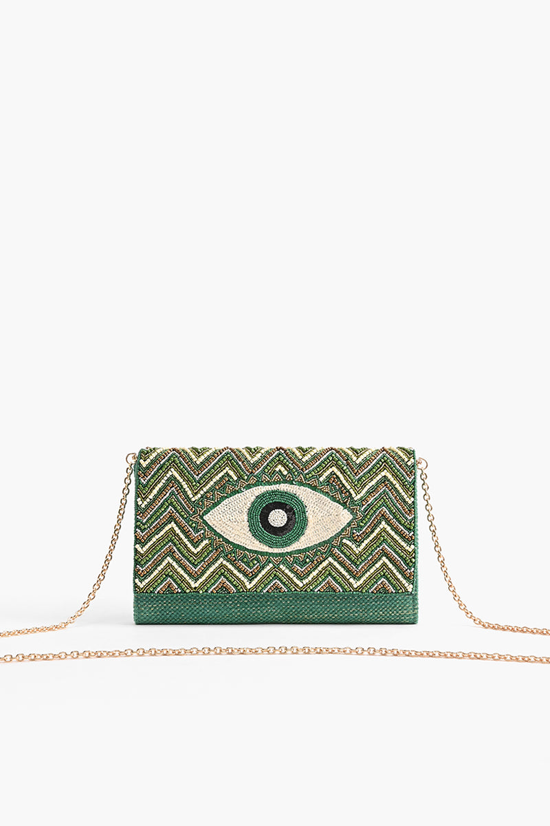 Emerald Evil Eye Embellished Flap Clutch