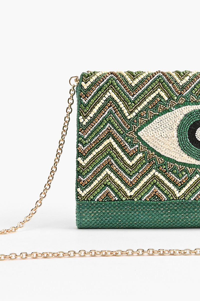 Emerald Evil Eye Embellished Flap Clutch