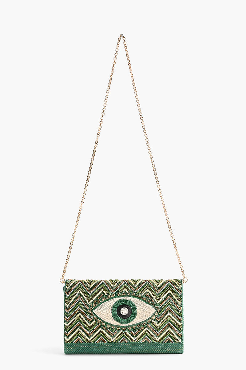 Emerald Evil Eye Embellished Flap Clutch