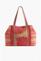 Poppy Floral Beaded Tote-Pink Hand Beaded Floral Tote For Women