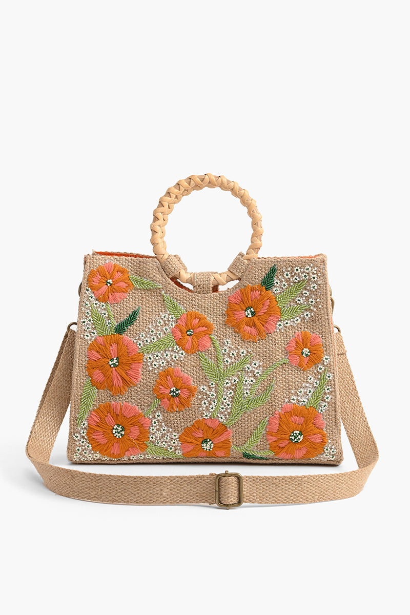 Floral Beaded Jute Handbag