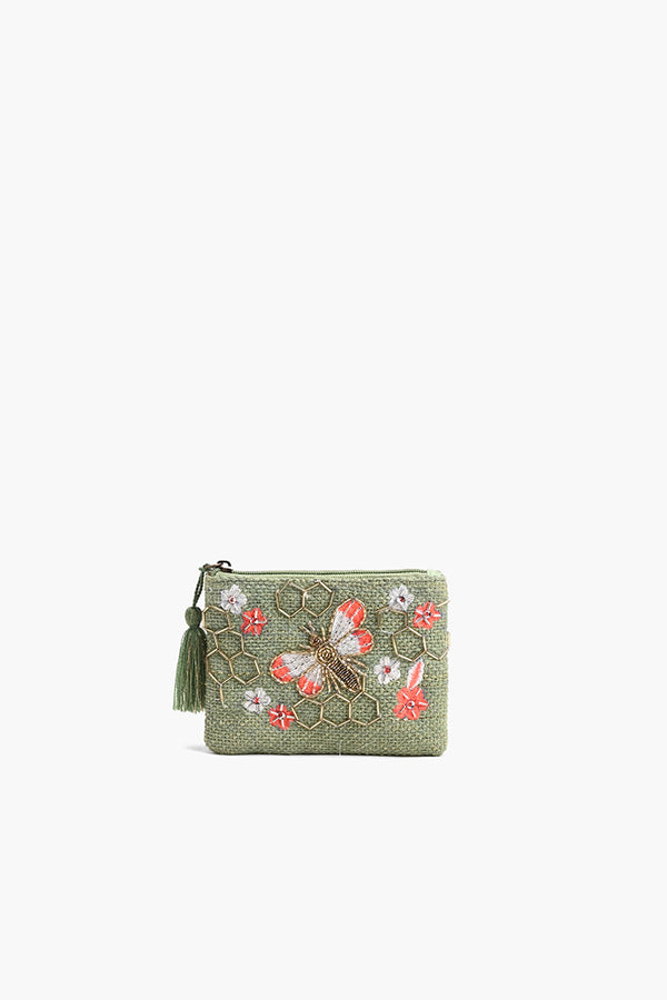 Olive Green Beaded Bee Embellished Mini Pouches