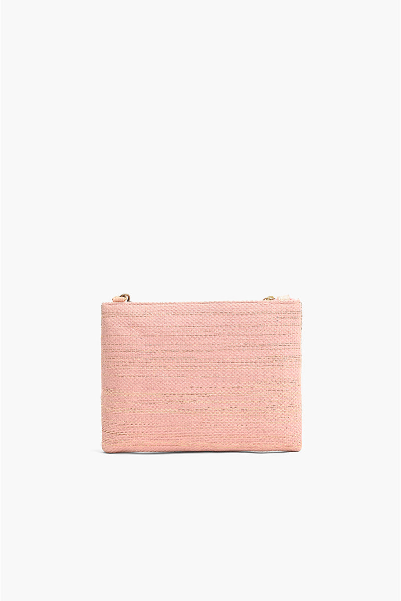 EMBELLISHED ZIP TOP CLUTCH WITH STRAP COMING DOWN FROM COSMOS