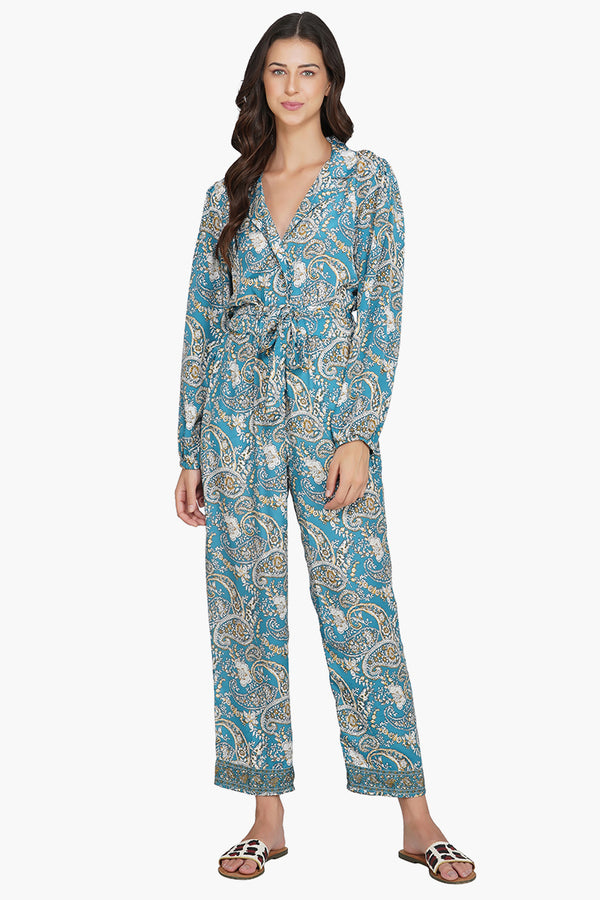 Hailee Blue Paisley Print Jumpsuit With Pockets