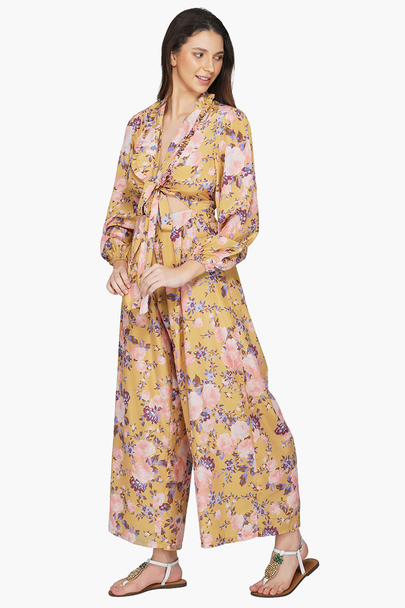Golden Garden Jumpsuit-Floral Front Knot Jumpsuit For Women