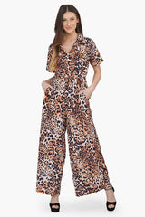 Brown Leopard Wide Legged Collared Jumpsuit