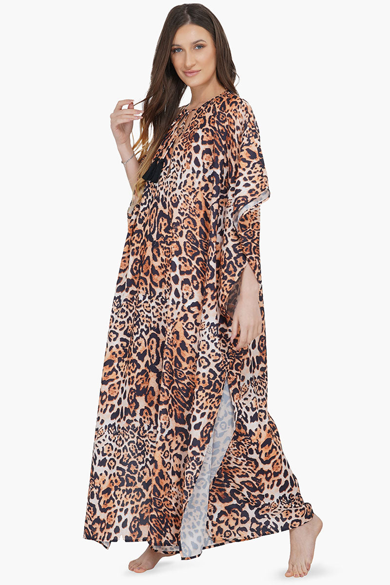 Leopard Printed Button Down Front Kaftan Tunic Pockets Women Maxi Dress