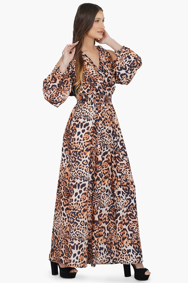 Brown Leopard Cold Shoulder Maxi Dress