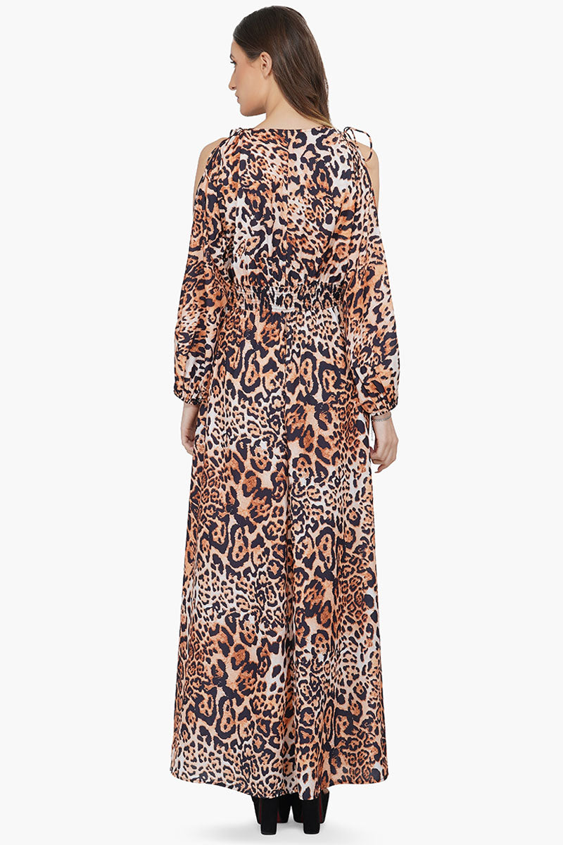 Brown Leopard Cold Shoulder Maxi Dress