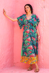 Tropical Forest Angel-Green Maxi Dress with Kimono Sleeves