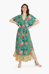 Tropical Forest Angel-Green Maxi Dress with Kimono Sleeves