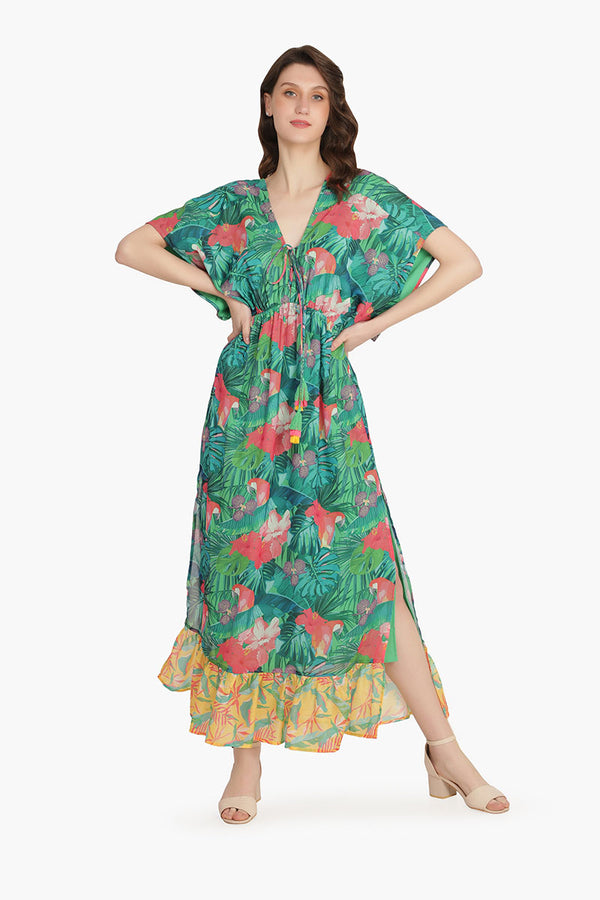 Tropical Forest Angel-Green Maxi Dress with Kimono Sleeves