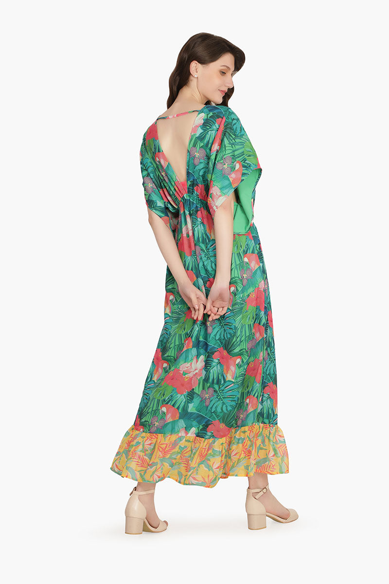 Tropical Forest Angel-Green Maxi Dress with Kimono Sleeves