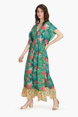 Tropical Forest Angel-Green Maxi Dress with Kimono Sleeves