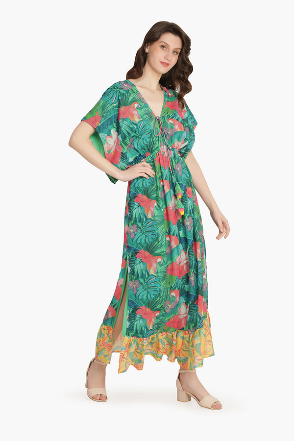 Tropical Forest Angel-Green Maxi Dress with Kimono Sleeves