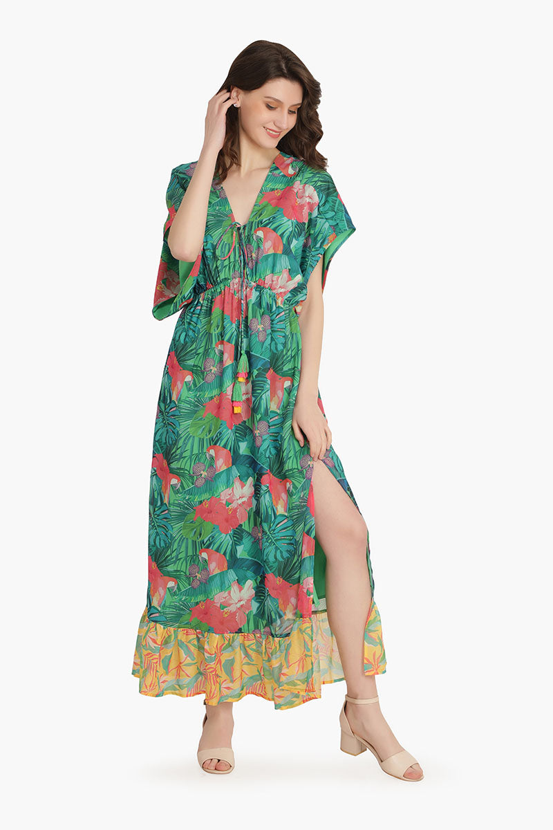 Tropical Forest Angel-Green Maxi Dress with Kimono Sleeves