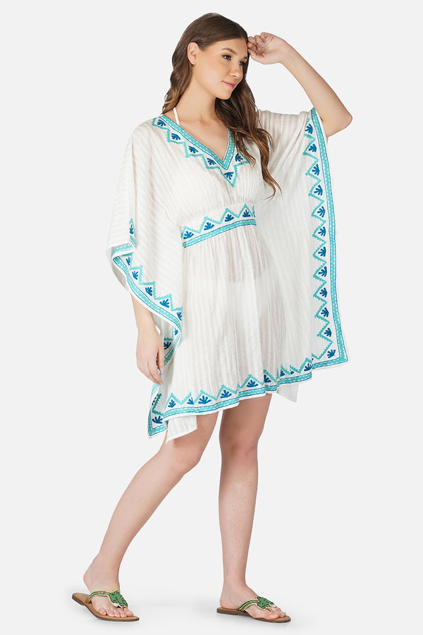 Sea Blue Embroidered Cover Up Kaftan