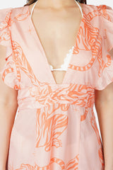 Apricot Wash Tiger Ruffle Sleeves Dress