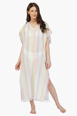 Neon Striped Cotton Kaftan Cover Up