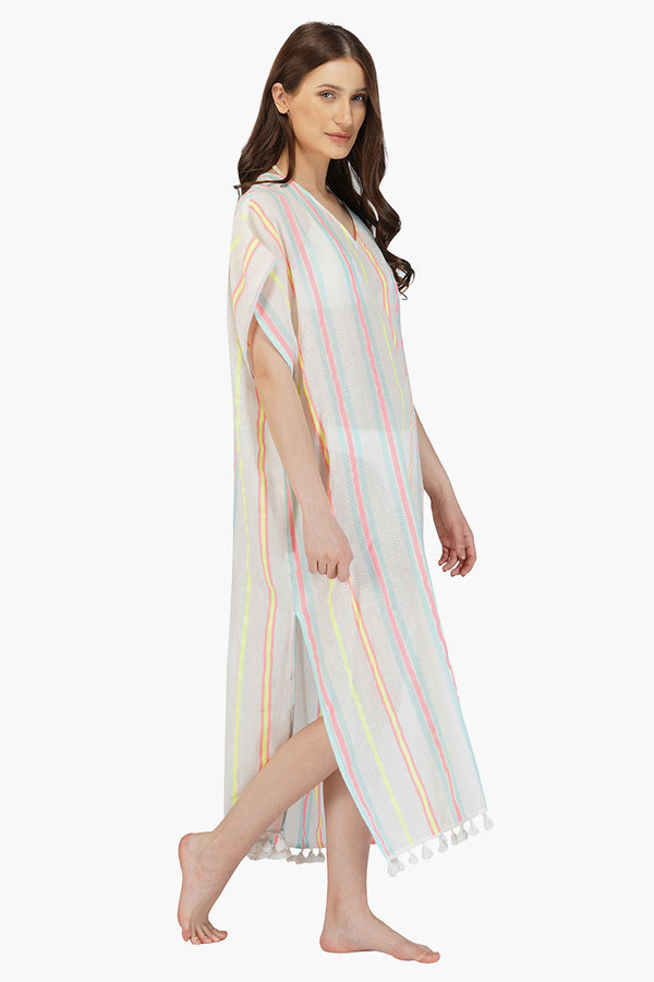 Neon Striped Cotton Kaftan Cover Up