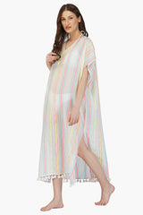 Neon Striped Cotton Kaftan Cover Up