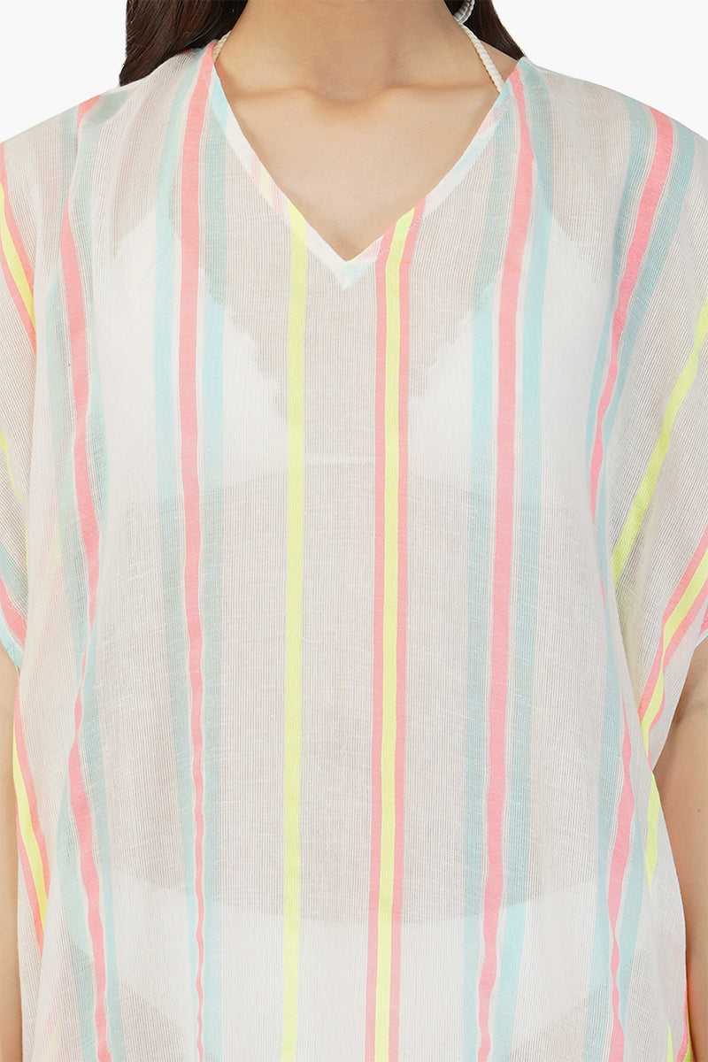 Neon Striped Cotton Kaftan Cover Up