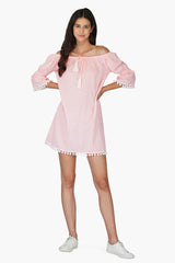 Neon Pink Searsucker Off Shoulder Dress