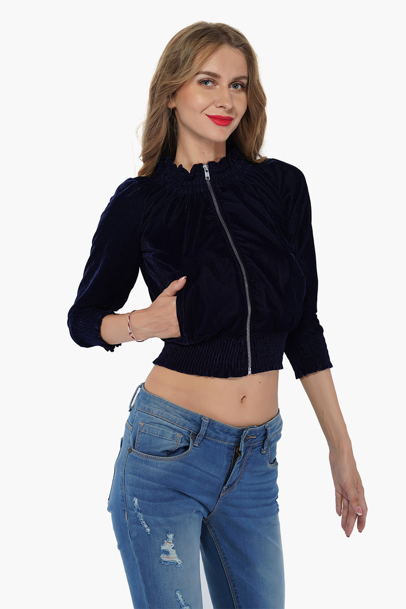 Twilight Blue Velvetine Embroidered Bomber Jacket