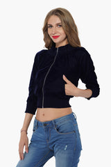 Twilight Blue Velvetine Embroidered Bomber Jacket