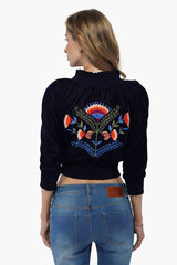 Twilight Blue Velvetine Embroidered Bomber Jacket