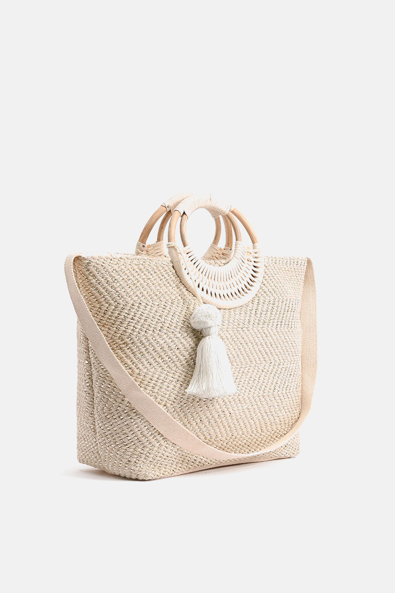 Birch Lurex Durrie Cane Handle Hand Woven Large White Tote
