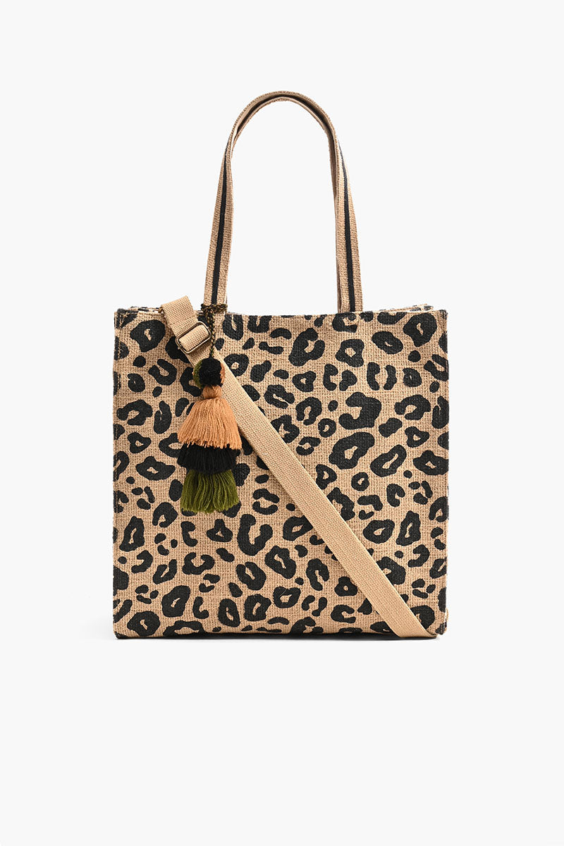 Leopard Handwoven Jute Brown Tote With Tassel | view 2