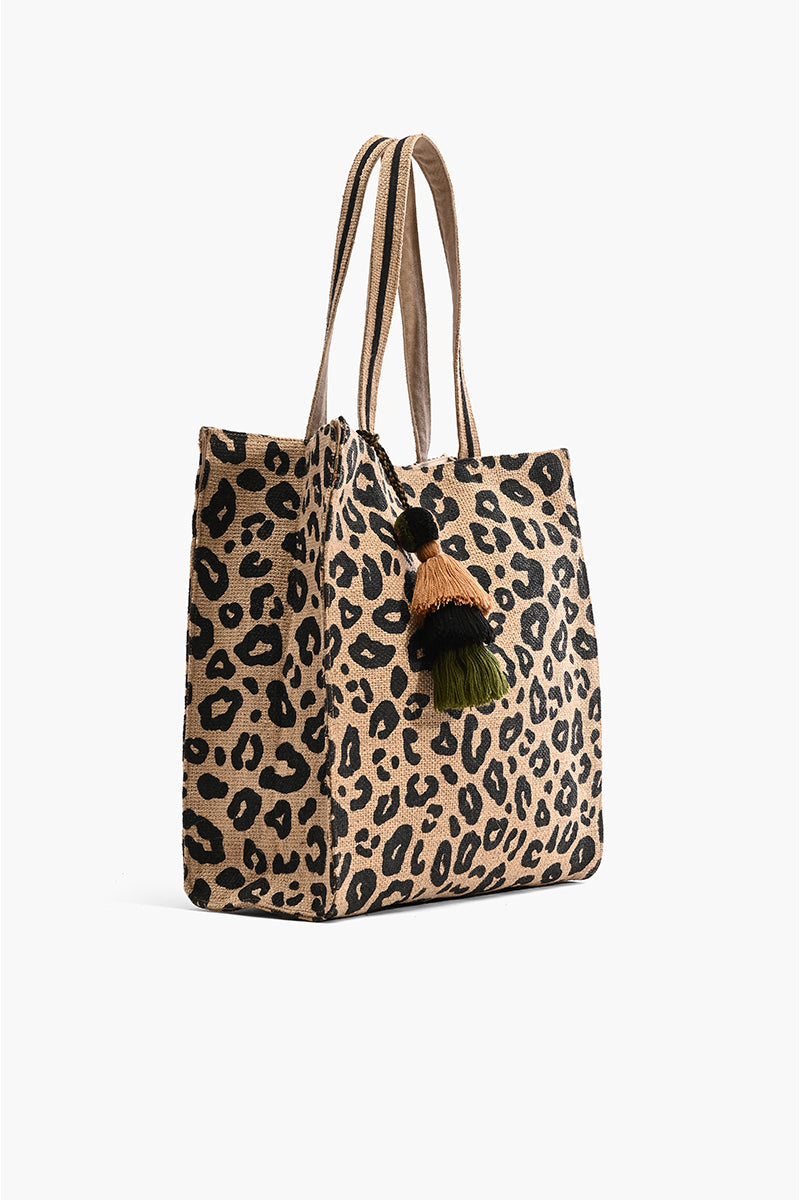Leopard Handwoven Jute Brown Tote With Tassel