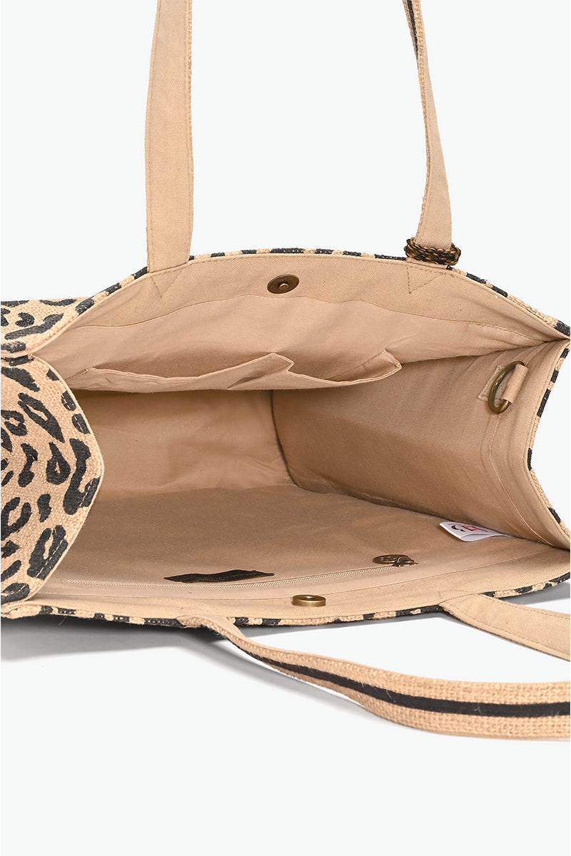 Leopard Handwoven Jute Brown Tote With Tassel | View 5